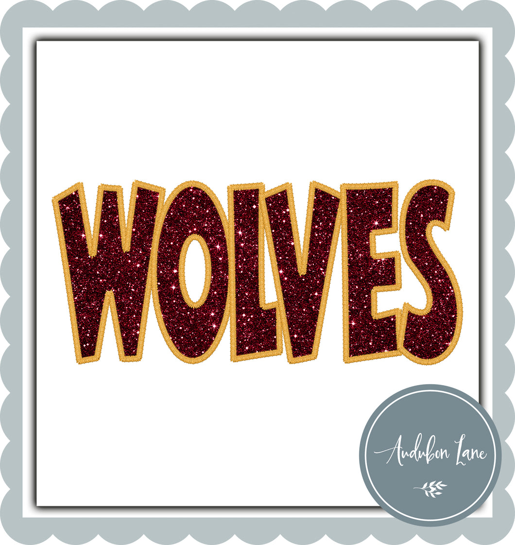 Wolves Straight Across Faux Maroon Glitter and Yellow Gold Embroidery Ready To Press DTF Transfer Custom Colors Available On Request