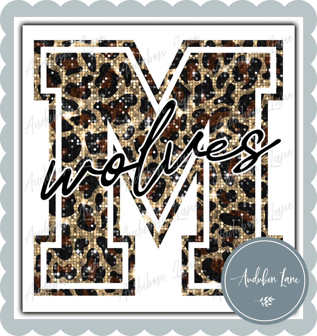 Wolves With M Sequin Leopard Mascot Letter Ready to Press DTF Transfer Customs Available On Request