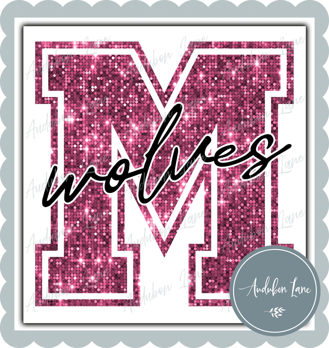 Wolves with M Breast Cancer Awareness Faux Pink Sequin Mascot Letter Ready to Press DTF Transfer Customs Available On Request