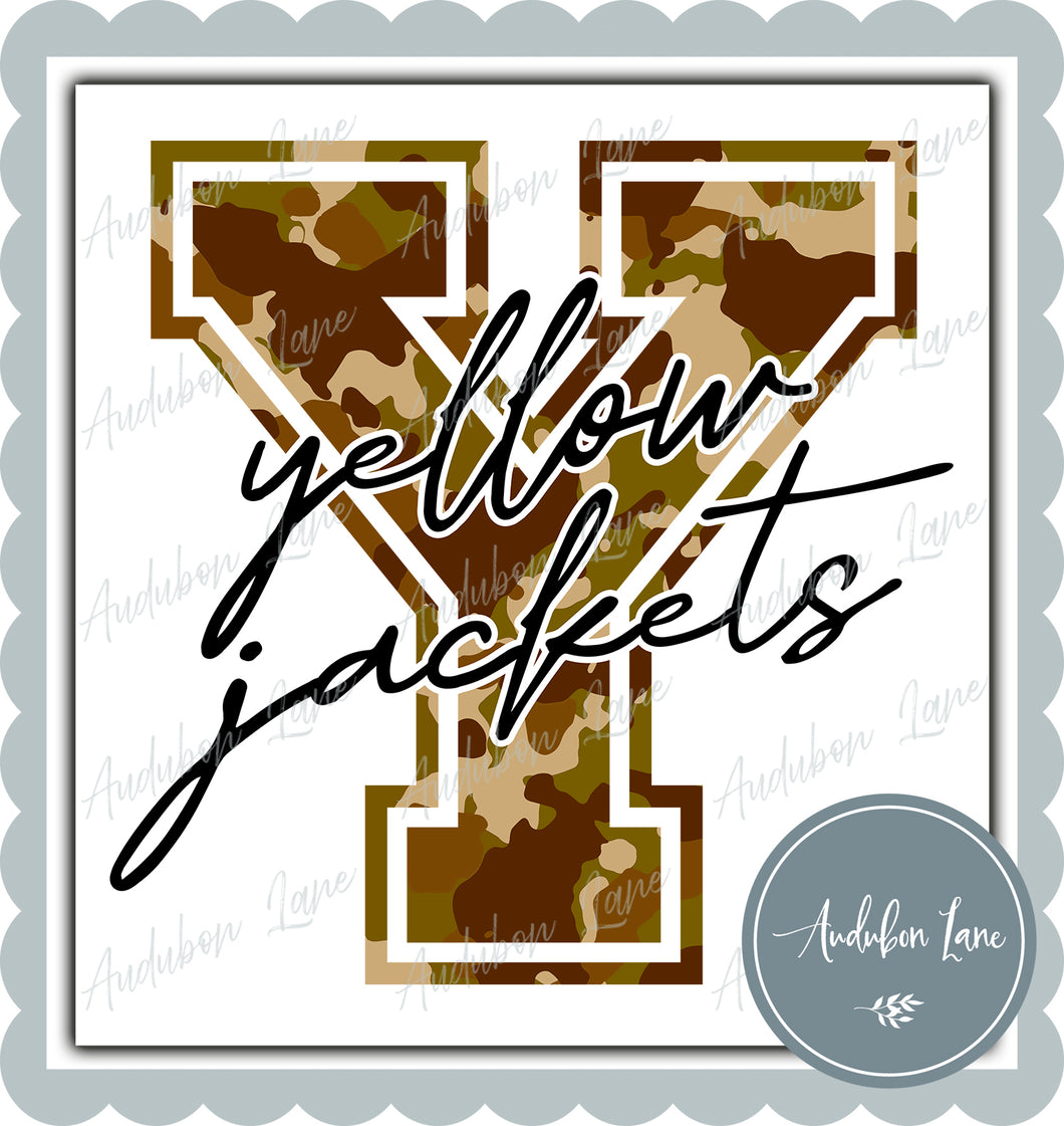 Yellow Jackets Old School Camo Mascot Letter Ready to Press DTF Transfer Customs Available On Request