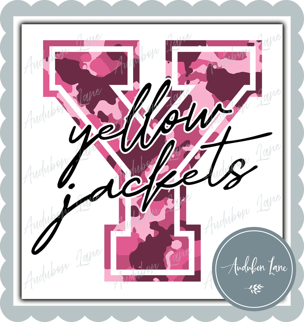 Yellow Jackets Breast Cancer Awareness Pink Camo Mascot Letter Ready to Press DTF Transfer Customs Available On Request