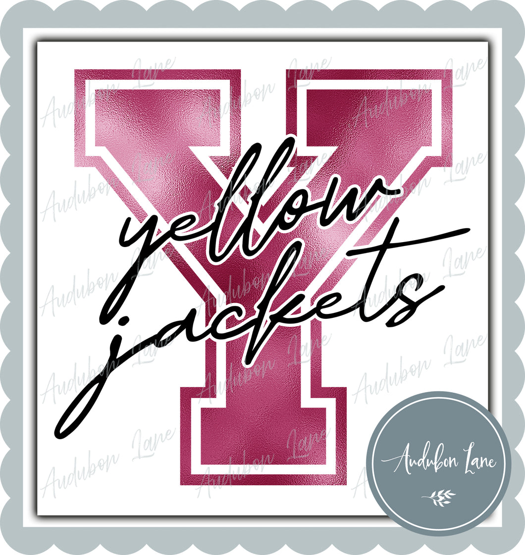 Yellow Jackets Breast Cancer Awareness Faux Metallic Pink Foil Mascot Letter Ready to Press DTF Transfer Customs Available On Request