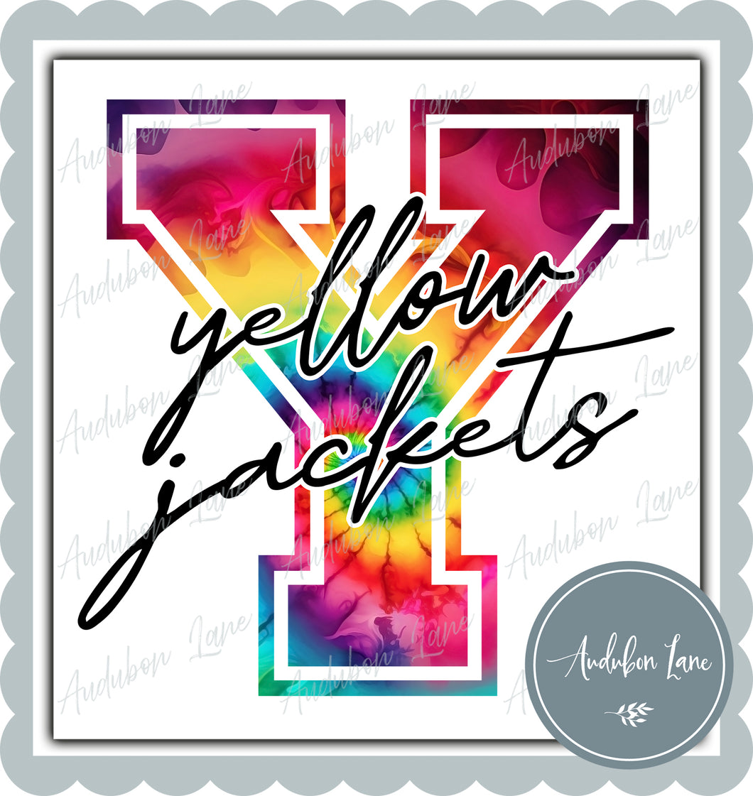 Yellow Jackets Rainbow Tie Dye Mascot Letter Ready to Press DTF Transfer Customs Available On Request