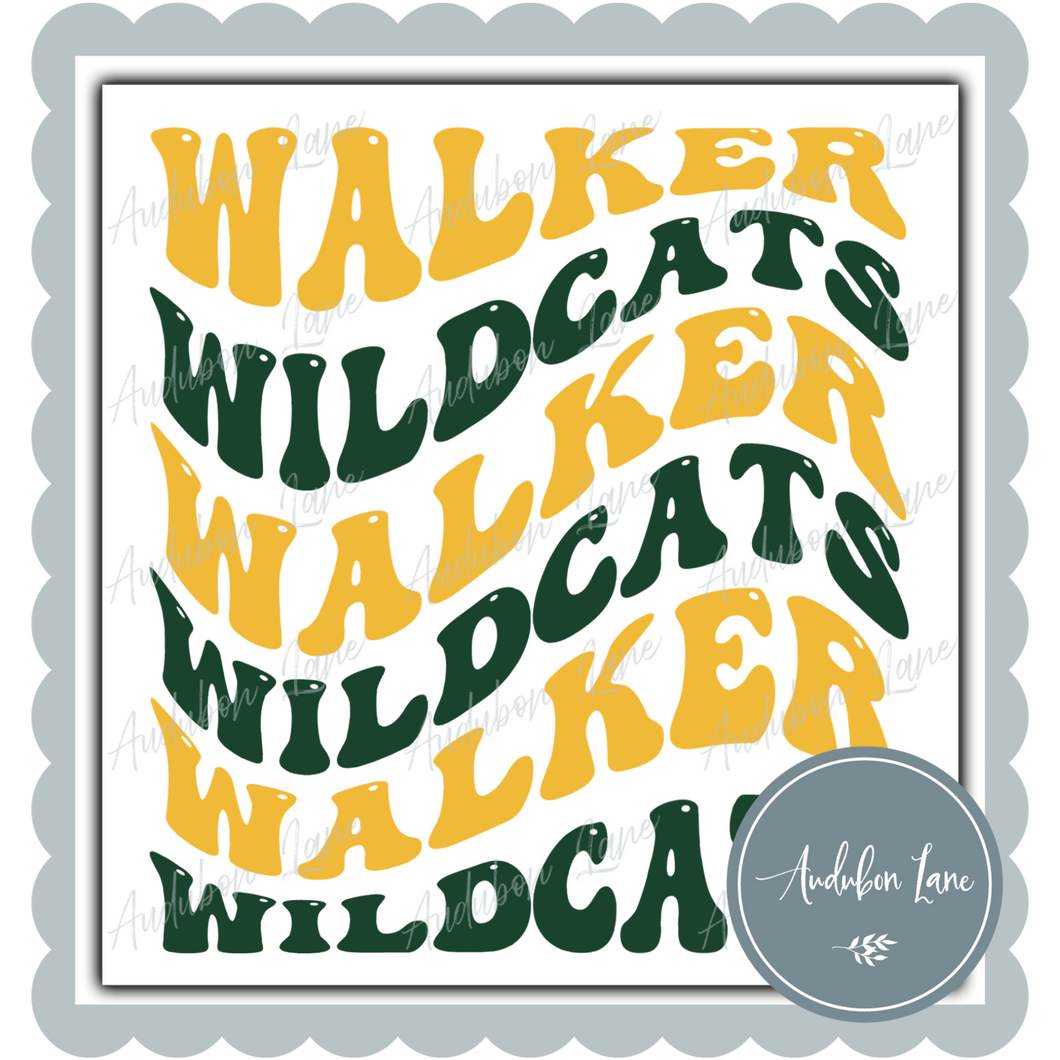 Walker Wildcats Wavy Stacked Dk Green and Yellow Gold Ready To Press DTF Transfer Custom Colors Available On Request