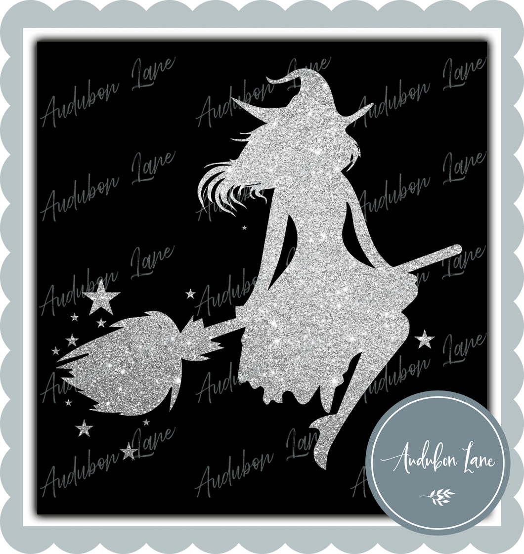 Witch On A Broom Silver Glitter